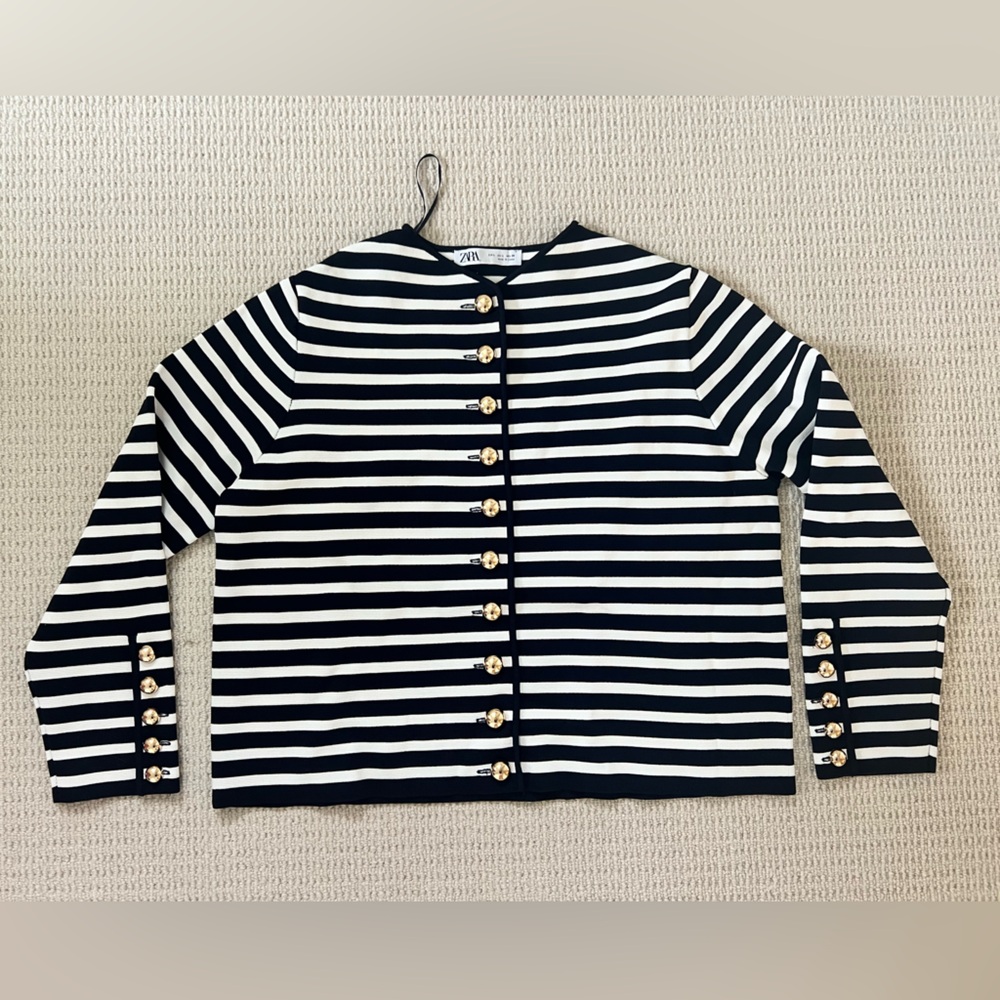 Adorable navy and white stripe cardigan with gold buttons.